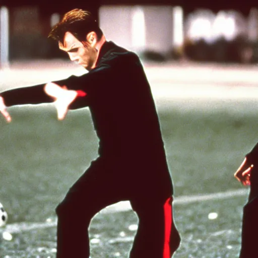 Prompt: Zidane playing soccer in American Psycho (1999)
