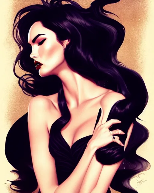 Prompt: megan fox with dark eye makeup, vegas show girl in a bar on stage, long windblown black hair, pinup, intricate, elegant glamorous pose, sharp focus, illustration, charlie bowater