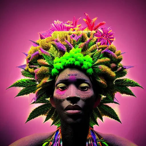 Image similar to an african marijuanna shaman with an afro made of flowers, third eye art art by machina infinitum, complexity from simplicity, rendered in octane, mandelbulb 3 d, ambient occlusion, macro photography, felt!!! texture, tribal, neon! retrowave