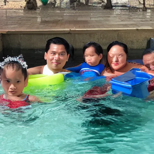 Image similar to marcos family swimming in garbage