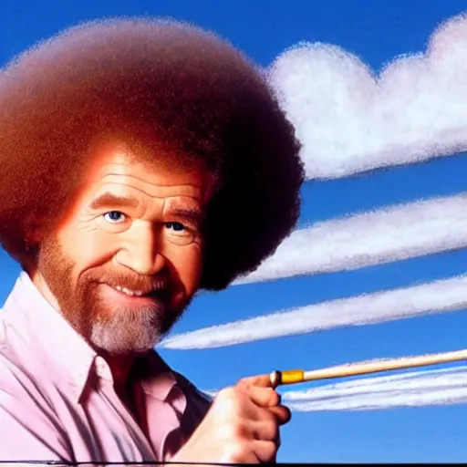 Prompt: a still of Bob ross painting chemtrails in the sky with a paintbrush in the style of bob ross