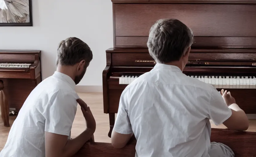 Prompt: a christian couple praying in a room with a piano, photo, sharp, 4k