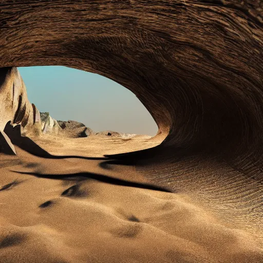 Prompt: Gentle rolling sand dunes, cave entrance, abandoned mineshaft, old wood, grey jagged rock, 4K, high detail, Fallen trees, darkness, water, cloudless sky, smoke rising in background, 8k ultra realistic, photography, high contrast, large field of view, colourful, shadows, octane render,