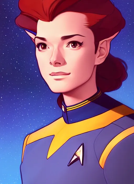 Image similar to cute star trek officer federico macheda, natural lighting, path traced, highly detailed, high quality, digital painting, by don bluth and ross tran and studio ghibli and alphonse mucha, artgerm
