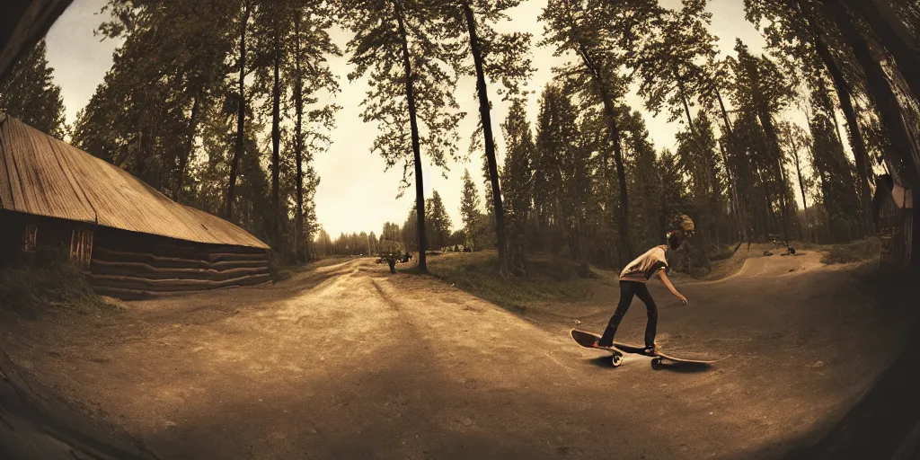 Image similar to a beautiful matte painting of a skateboarder, kick flip, pilgrim village setting, log homes, dirt road, trees, graffiti, fisheye lens, by Mikko Lagerstedt and Raphael Lacoste