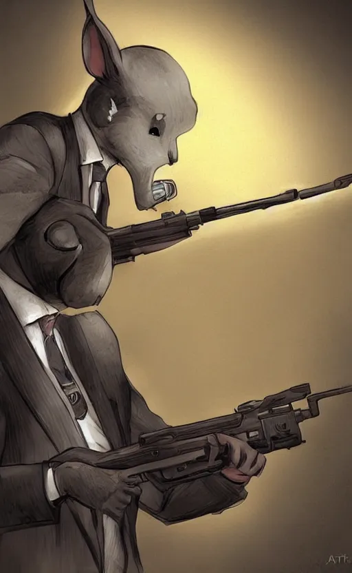 Prompt: rabbit as a hitman, suit and tie, with silenced gun, dynamic lighting, fantasy concept art, trending on art station, stunning visuals, creative, cinematic, ultra detailed, comic strip style