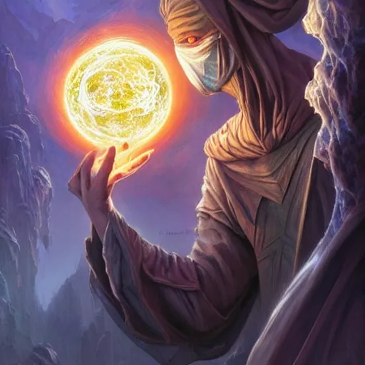 Image similar to creator of worlds wearing a cloak, masked, and holding a holographic planet projection in his hand, detailed, sci - fi, digital painting, artstation, sharp focus, illustration, ominous, artgerm, tomasz alen kopera, peter mohrbacher, donato giancola, joseph christian leyendecker, wlop, frank frazetta