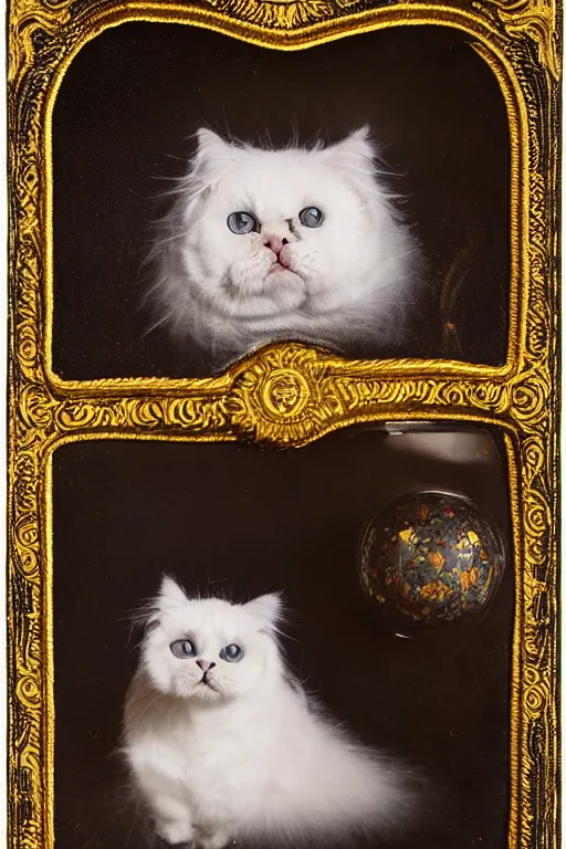 Prompt: a magnificent tintype portrait of a silly looking fluffy fat cat on an embroidered velvet cushion on a neo - rococo gilded little bed with precious stones, ball of yarn, by david lachapelle, photorealistic, photography, wide shot