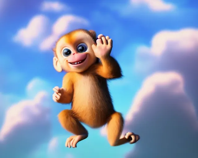 Image similar to 3D Pixar movie animation render of the cutest little fluffy monkey capuchin with a tail with a big lovely grin smile sweet adorable cherub, octane render, pastel colors, soft clouds and soft gradient background