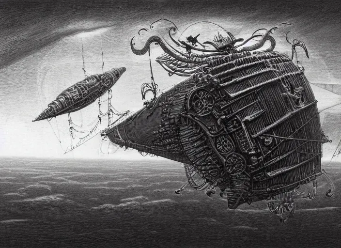 Image similar to detailed drawing of a steampunk spelljammer flying airship, illustrated by agostino arrivabene, hr giger, wayne barlowe, zdzisław beksiński, antiquity ship, ancient and modern, intricate details, clean linework, spacecraft, magical, sails, dragon