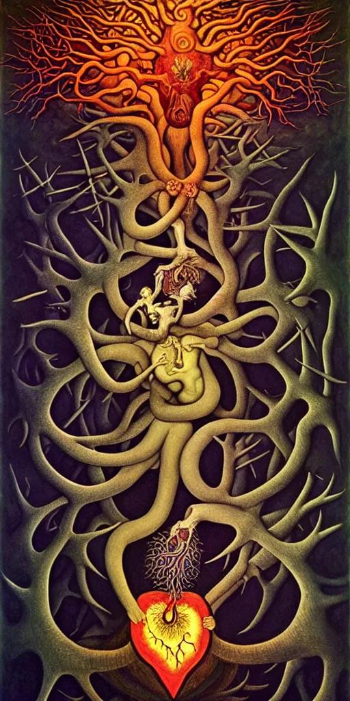 Prompt: mythical creatures and monsters in the visceral anatomical human heart imaginal realm of the collective unconscious, in a dark surreal mixed media oil painting by johfra, mc escher and ronny khalil, dramatic lighting from inner fire