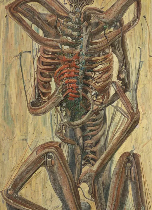 Prompt: a teratoma in the middle of a museum room realizing that he has consciousness painted by hockney and giger