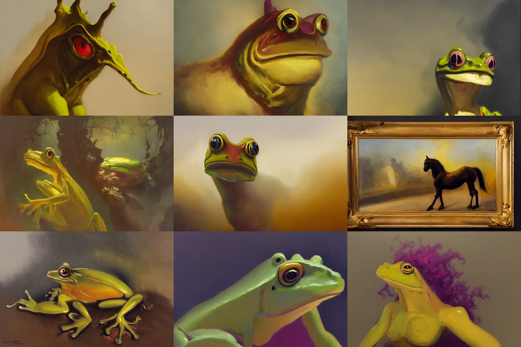 Prompt: tonalist painting of ethereal horse - faced frog monster, yellow ochre, titanium white, quinacridone magenta, hard lighting, figurative art, baroque, art nouveau, plein air, luminous, edge lighting, atmospheric, ambient occlusion, subsurface scattering, dust, smoke