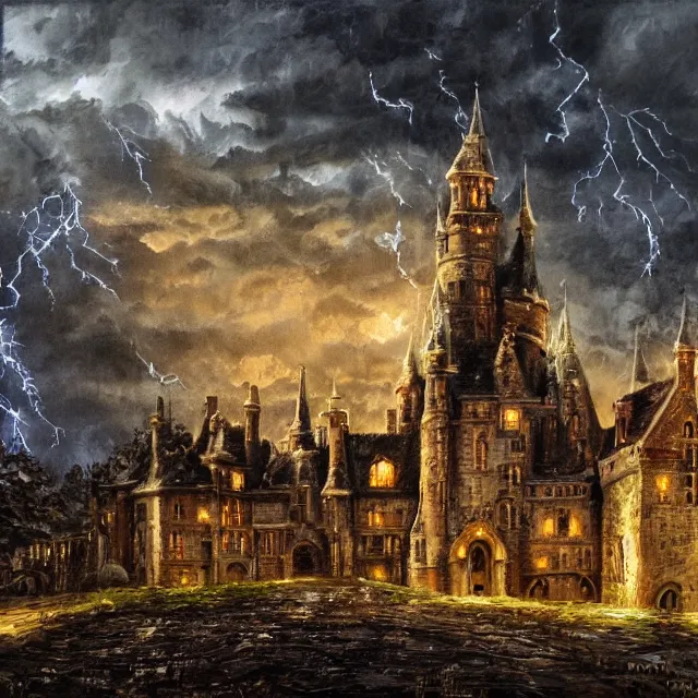 Image similar to high detail, well maintained castle with moody lighting, far away - shot from the front gate courtyard with lightning in the background, oil painting in the style of seb mckinnon