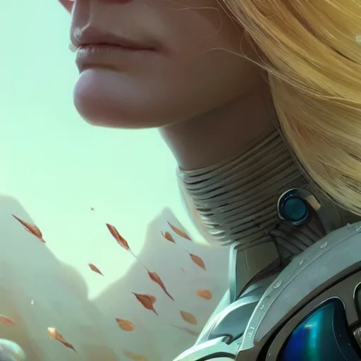 Image similar to highly detailed closeup portrait of a beautiful blonde female cyborg, in disney, stephen bliss, unreal engine, art by greg rutkowski, loish, rhads, ferdinand knab, makoto shinkai and lois van baarle, ilya kuvshinov, rossdraws, tom bagshaw, global illumination, radiant light, detailed and intricate environment