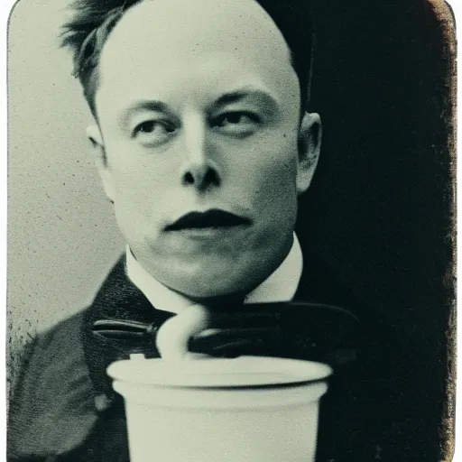 Image similar to elon musk as a ghost photography with bulbous ectoplasm, daguerreotype