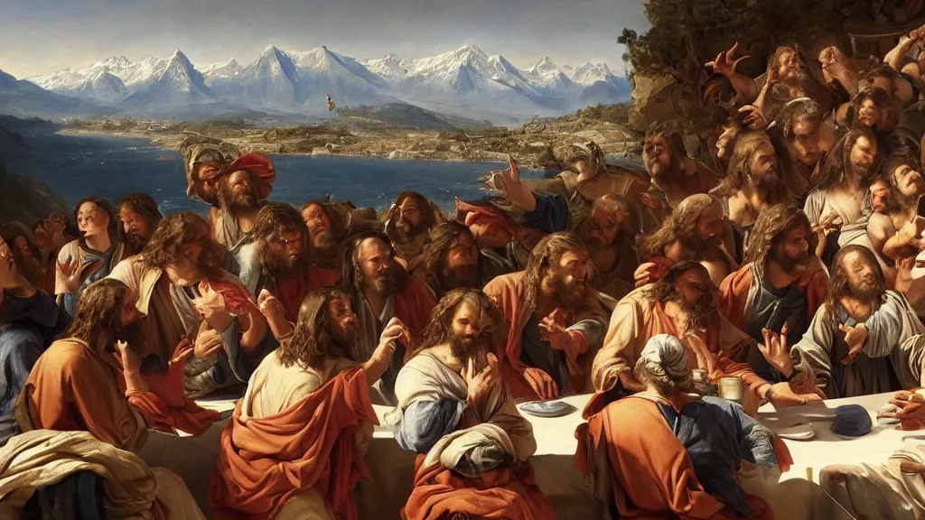 Image similar to a mix between the last supper and the raft of the medusa, with the mountains from napoleon crossing the alps in the back, sunny morning, matte painting, oil canvas, photorealistic illustration, extreme detail, hyper realistic, highly detailed, digital art