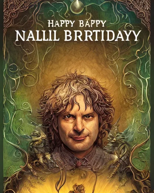 Image similar to happy birthday postcard, cover of a fantasy book by Neil Gaiman, trending on artstation, 8k, highly detailed