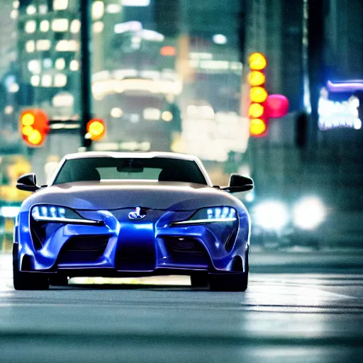 Image similar to still of a toyota supra on the road in New York, action shot, 85mm, night city, anime, cell shaded, in the spotlight