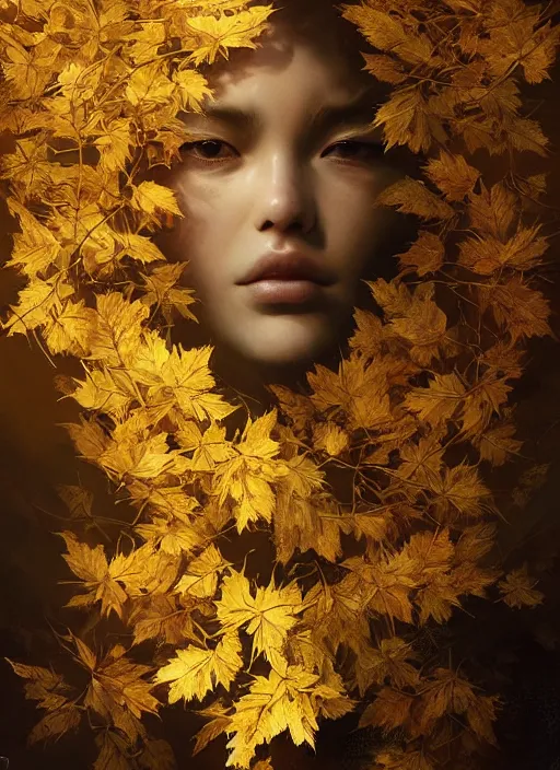 Prompt: golden leaves at frame border, creative!!! composition for a book cover, absurdly beautiful, ultrafine hyperrealistic detailed animal face by wlop and artgerm and greg rutkowski, intricate linework, sharp focus, smooth, octopath traveler, final fantasy, unreal engine, dramatic lighting, ethereal, 8 k