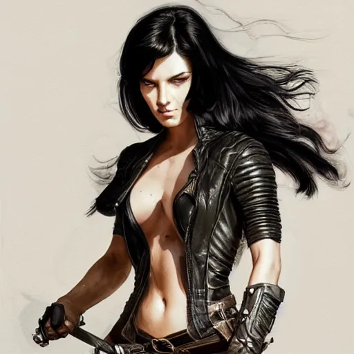 Image similar to an action photo of a black haired woman in a black leather jacket in a swordfight, muscular upper body, abs, d & d, fantasy, intricate, elegant, highly detailed, digital painting, artstation, concept art, smooth, sharp focus, illustration, art by artgerm and greg rutkowski and alphonse mucha