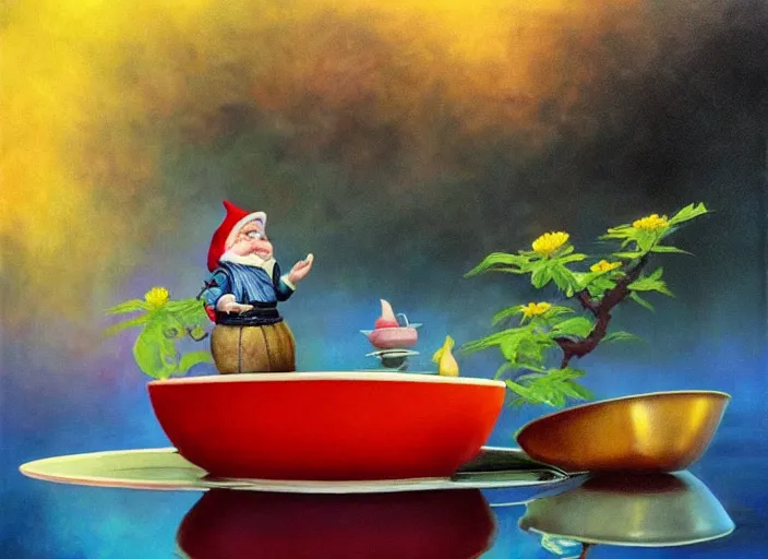 Image similar to a garden gnome sailing in a teacup, whimsical background of a reflective pond on a sunny day with dramatic clouds, an ultrafine detailed painting by mark ryden, trending on deviantart, pop surrealism, whimsical, lowbrow, joyous