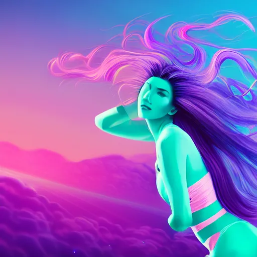 Image similar to a award winning half body portrait of a beautiful woman in a croptop with a ombre purple pink teal hairstyle with head in motion and hair flying, outrun, vaporware, vivid colors, highly detailed, fine detail, intricate