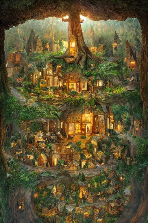 Image similar to a miniature city built into the trunk of a single colossal tree in the forest, with tiny people, in the style of james c christensen, lit windows, close - up, low angle, wide angle, awe - inspiring, highly detailed digital art