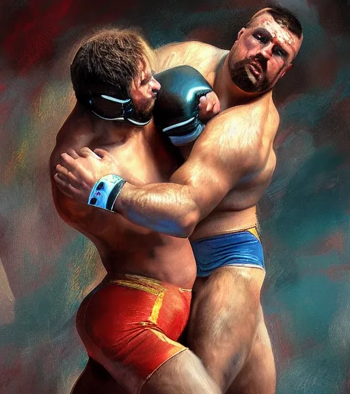 Image similar to high quality high detail painting by alberto mielgo and jaime jones, wrestling, cinematic, hd