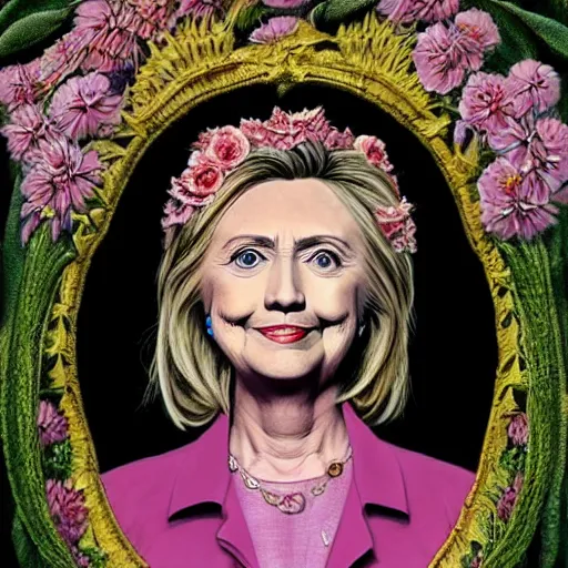 Image similar to portrait of Hillary Clinton as a young pretty woman in flowing dress, arrogant, mysterious, long fine flowing hair, delicate, looking at camera, realistic face, intricate, stylish, elegant, grimdark, flowers, extremely detailed photograph by Martine Johanna and Ernst Haeckel and Greg Rutkowski