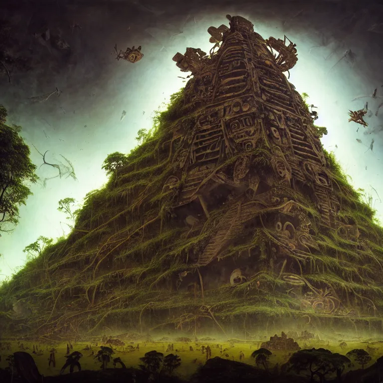 Image similar to surreal painting of crashed mayan aztec spaceship overgrown by jungle by hieronymus bosch, harsh flash photo at night, baroque painting, perfect composition, detailed octane render trending on artstation, 8 k artistic photography, volumetric cinematic perfect light, chiaroscuro, masterpiece, raphael, caravaggio, beksinski, rutkowski, beeple