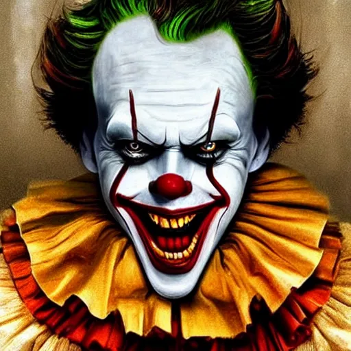 Image similar to pennywise as the joker, artstation hall of fame gallery, editors choice, #1 digital painting of all time, most beautiful image ever created, emotionally evocative, greatest art ever made, lifetime achievement magnum opus masterpiece, the most amazing breathtaking image with the deepest message ever painted, a thing of beauty beyond imagination or words, 4k, highly detailed, cinematic lighting