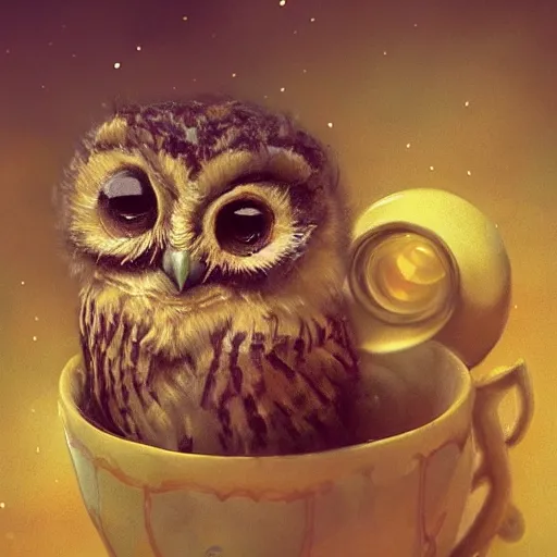 Prompt: long shot of a very cute owl chick nesting in a very romantique cup, by esao andrews, humorous illustration, hyperrealistic, big depth of field, warm colors, night scenery, low light, 3 d octane render, 4 k, conceptart, hyperdetailed, hyperrealistic, trending on artstation