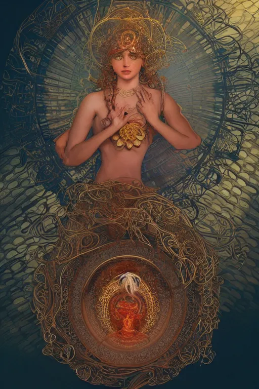 Image similar to an immaculate render of a complex metallic sphere spawning cables and bird wings, floating in a temple surrounded by wild tentacles made from mandalas and incense smoke, full body, perfect face, powerful, cinematic, beautifully lit, by artgerm, by alphonse mucha, by karol bak, 3 d, trending on artstation, octane render, 8 k