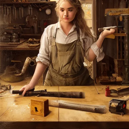 Prompt: highly detailed oil painting | very intricate | cinematic lighting | award - winning | sabrina carpenter as a simple carpenter fine craftsman | building a wooden table in their well organized clean workshop | beautiful cinematic light, american romanticism, by huang guangjian, gil elvgren, ruan jia, randy vargas, greg rutkowski, artstation, cgsociety, official art, octane