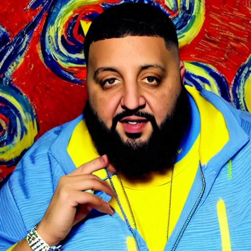 Image similar to ultra detailed portrait photo of dj khaled in a studio, blue, under red and yellow cinematic lighting, by van gogh, cartoon