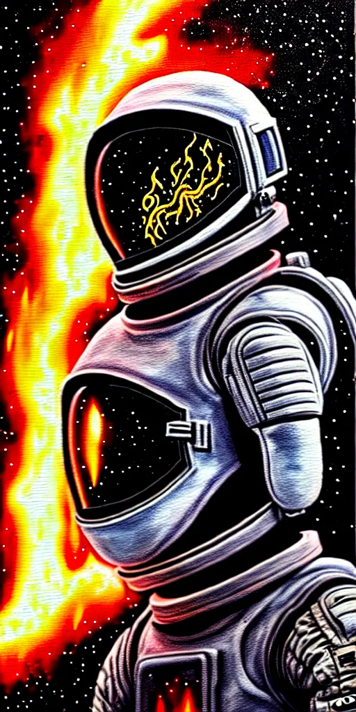 Prompt: an extreme detailed painting with detailed textures of a headless astronaut with quantum fire coming out of his helmet, disturbing cybergothic dystopian polluted high image quality