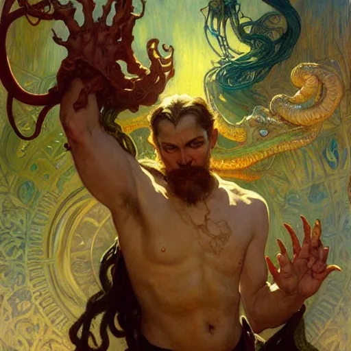 Image similar to cthulhu making a reart with his hands. highly detailed painting by gaston bussiere, craig mullins, j. c. leyendecker, alphonse mucha 8 k