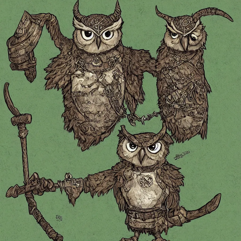 Prompt: A highly detailed, realistic anthropomorphic owl going to adventure wearing a horned viking helmet, shield, and green shirt. Commission by Sparrow.