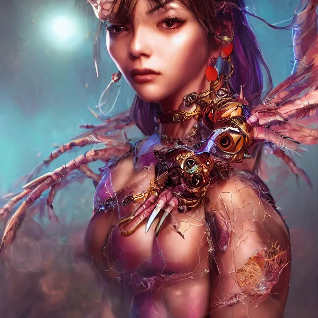 Prompt: studio portrait of lawful good colorful female divine mech spiderwoman as absurdly beautiful, elegant, young pretty gravure idol, ultrafine hyperrealistic detailed face illustration by kim jung gi, irakli nadar, intricate linework, sharp focus, matte, octopath traveler, final fantasy, unreal engine highly rendered, global illumination, radiant light, intricate