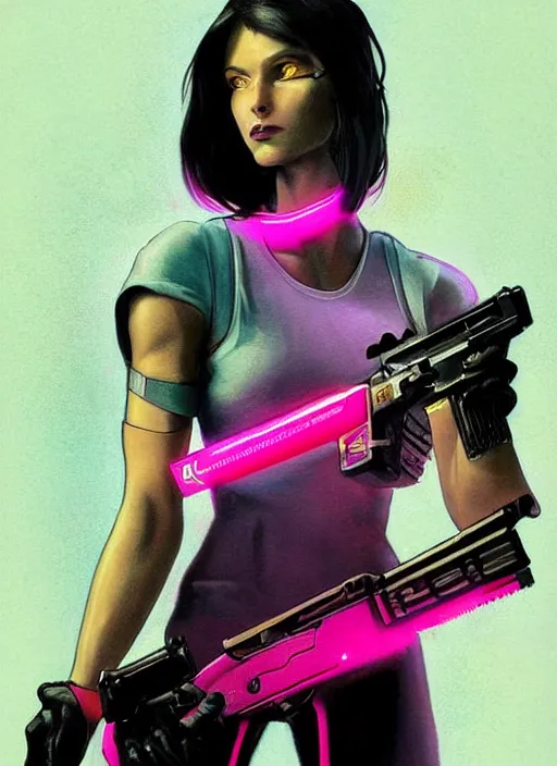 Prompt: beautiful cyberpunk female athlete wearing pink jumpsuit and firing a futuristic yellow belt fed automatic pistol. poster for pistol. cyberpunk ad poster by james gurney, azamat khairov, and alphonso mucha. artstationhq. gorgeous face. painting with vivid color, cell shading. buy now! ( rb 6 s, cyberpunk 2 0 7 7 )