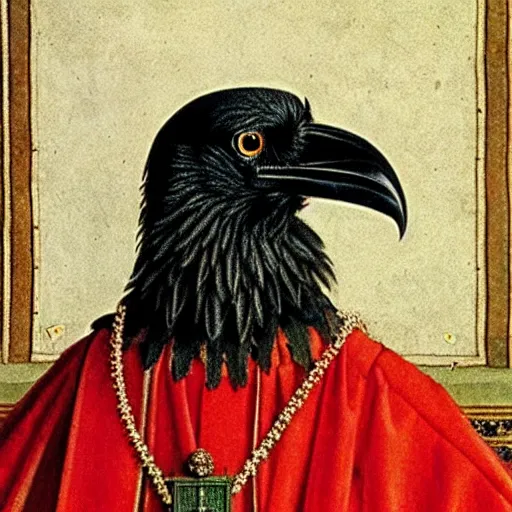 Image similar to a highly detailed portrait of a raven, wearing elegant tudor clothes, inside a room with thick red tapestries, by hans holbein and alessandro allori