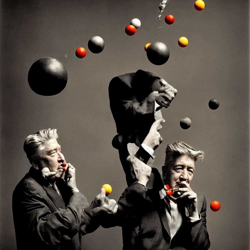 Prompt: award winning photo of david lynch smoking and playing with BALLS, vivid colors, happy, symmetrical face, beautiful eyes, studio lighting, wide shot art by Sally Mann & Arnold Newman