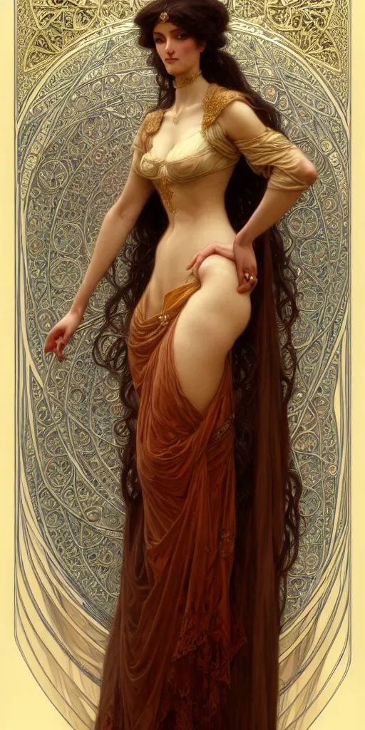 Image similar to character portrait of a modest woman, tall, feminine, powerful, modestly clothed, voluminous, intricate, elegant, highly detailed, digital painting, artstation, smooth, symmetrical, sharp focus, illustration, art by gaston bussiere and alphone mucha