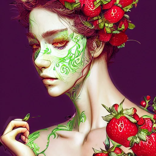 Image similar to the portrait of an absurdly beautiful, graceful, elegant, sophisticated woman made of strawberries and green petals, an ultrafine hyperdetailed illustration by kim jung gi, irakli nadar, proportions, intricate linework, bright colors, octopath traveler, final fantasy, unreal engine 5 highly rendered, global illumination, radiant light, detailed and intricate environment