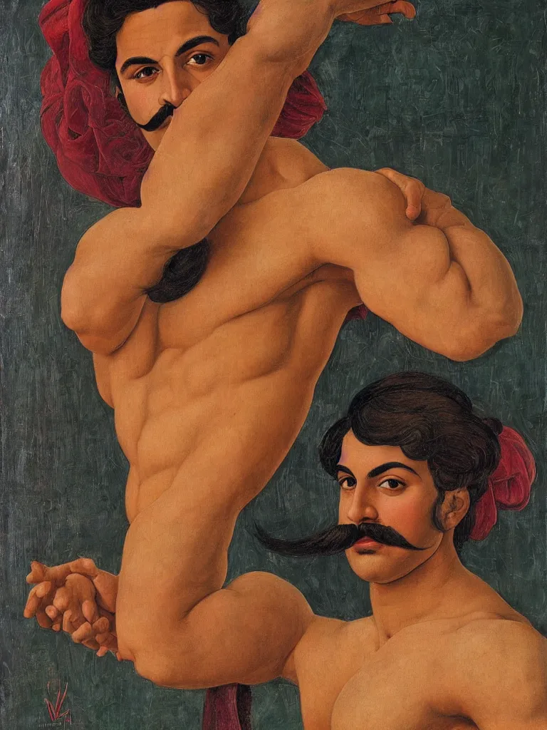 Prompt: portrait of a 20 years old muscular persian iranian wrestler handsome man flexing and posing with a mustache by victor Nizovtsev and Botticelli