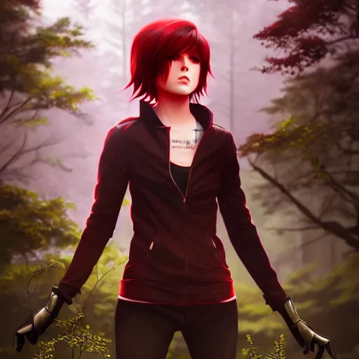 Image similar to realistic render of ruby rose from rwby by ross draws, forest background by ilya kuvshinov, digital anime art by ross tran, composition by sana takeda, lighting by greg rutkowski