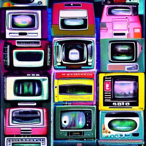 Image similar to array of crt televisions made out of cars, tv static, blob, technology, antenna, stacked, junkyard, polaroid, steroids, adult video store, impressionist painting, painting, acrylic painting, cell shaded