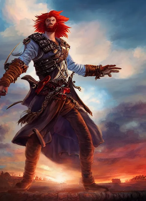 Image similar to An epic fantasy comic book style portrait painting of a long haired, red headed male sky-pirate in front of an airship in the style of the wheel of time, unreal 5, DAZ, hyperrealistic, octane render, cosplay, RPG portrait, dynamic lighting