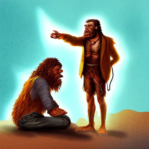 Image similar to a time traveller explaining the future to a confused neanderthal, digital art, trending on artstation